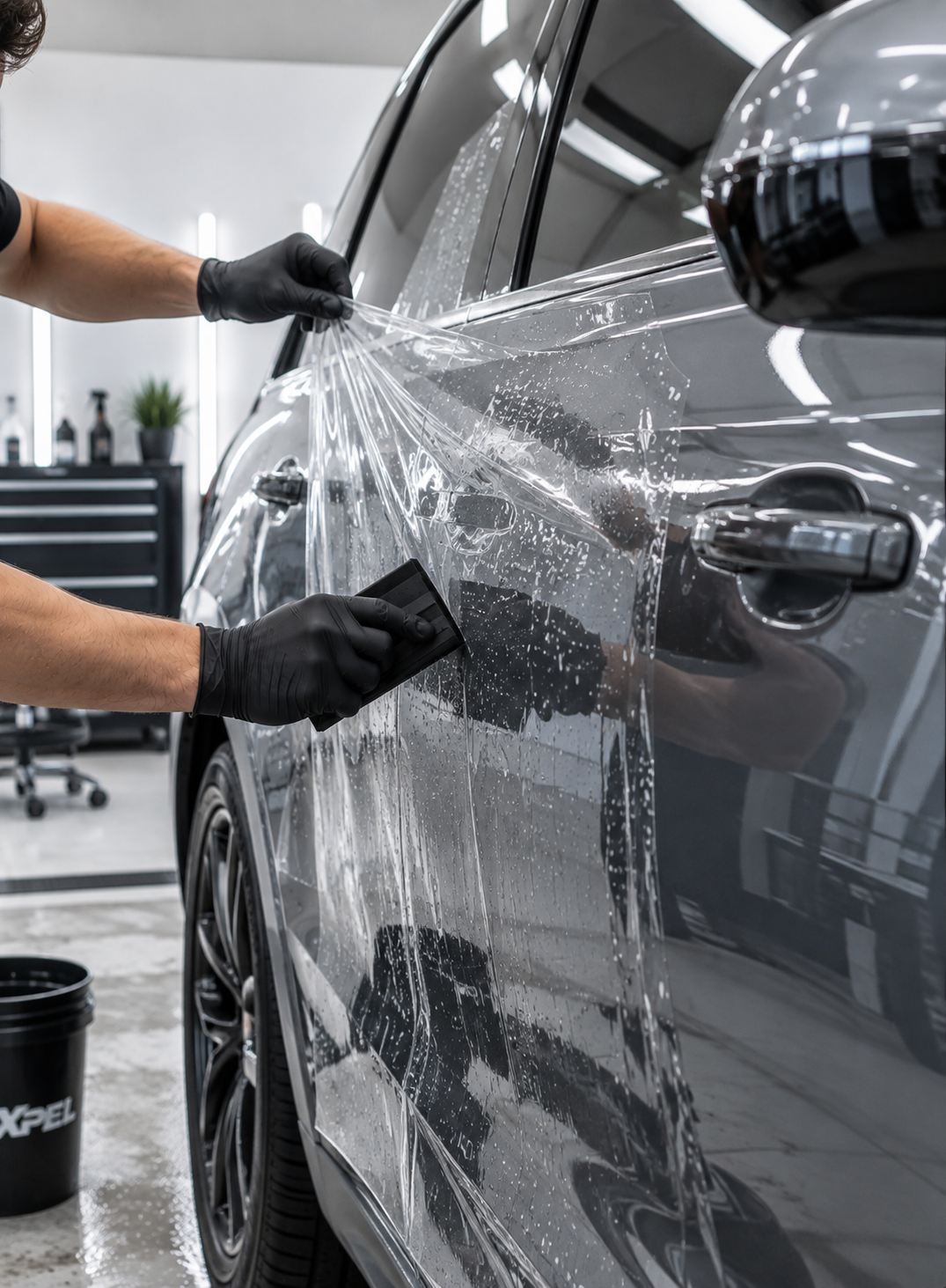 Monteur bringt transparente XPEL Lackschutzfolie auf die Motorhaube eines grauen Porsche 911 auf