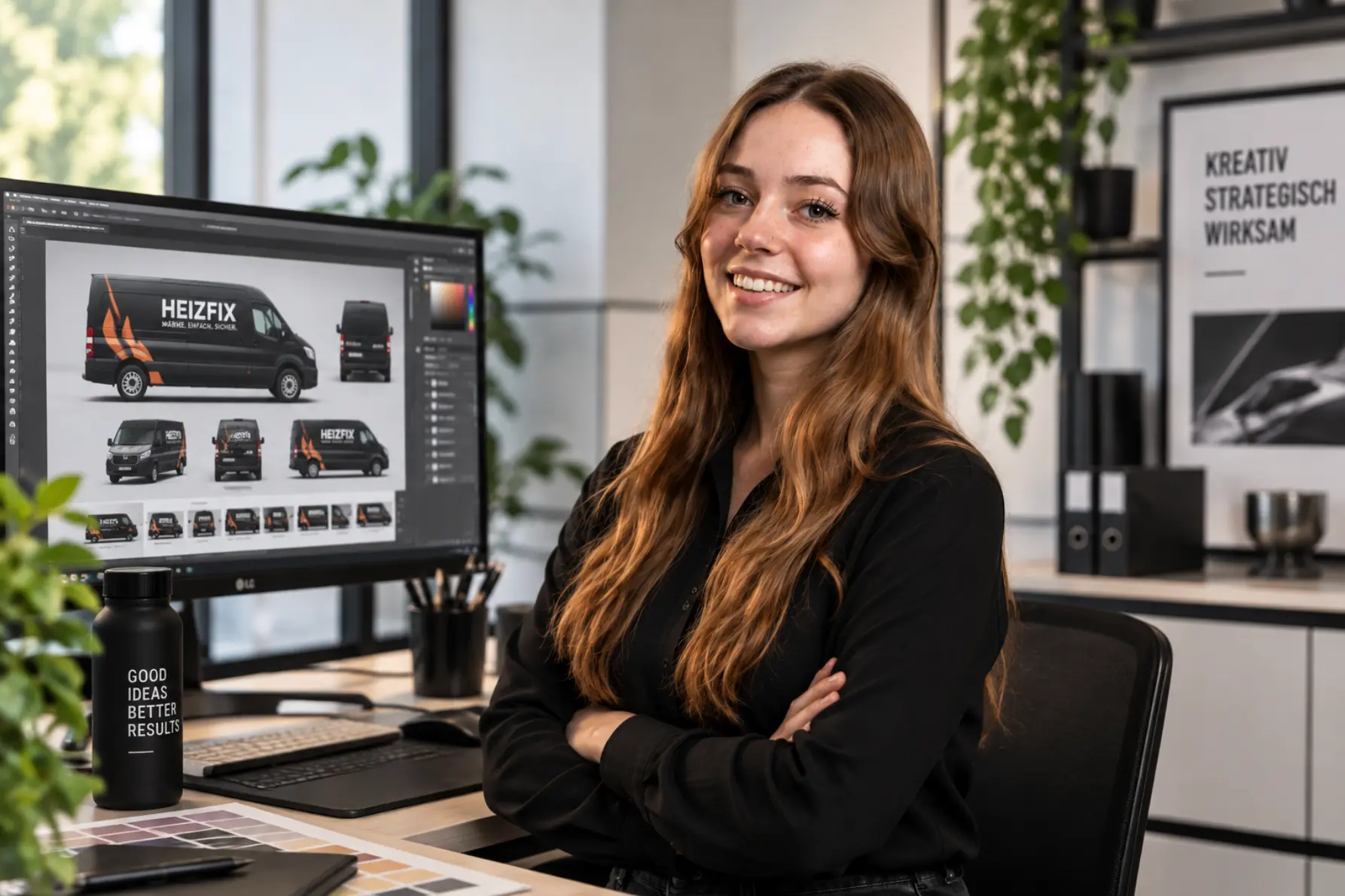 Janina am Grafikarbeitsplatz mit einem Entwurf für eine Fahrzeugbeschriftung