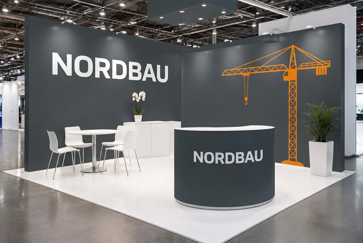 Messestand nach der Folierung mit fiktiver Marke NORDBAU in Anthrazit mit orangefarbenen Akzenten