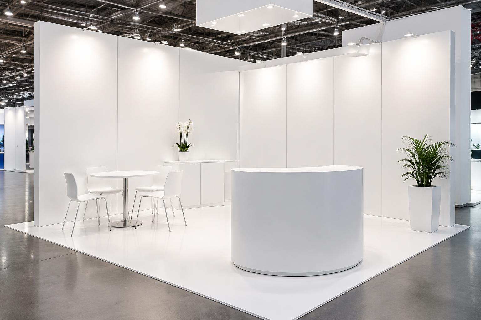 Weißer Messestand ohne Branding vor der Folierung