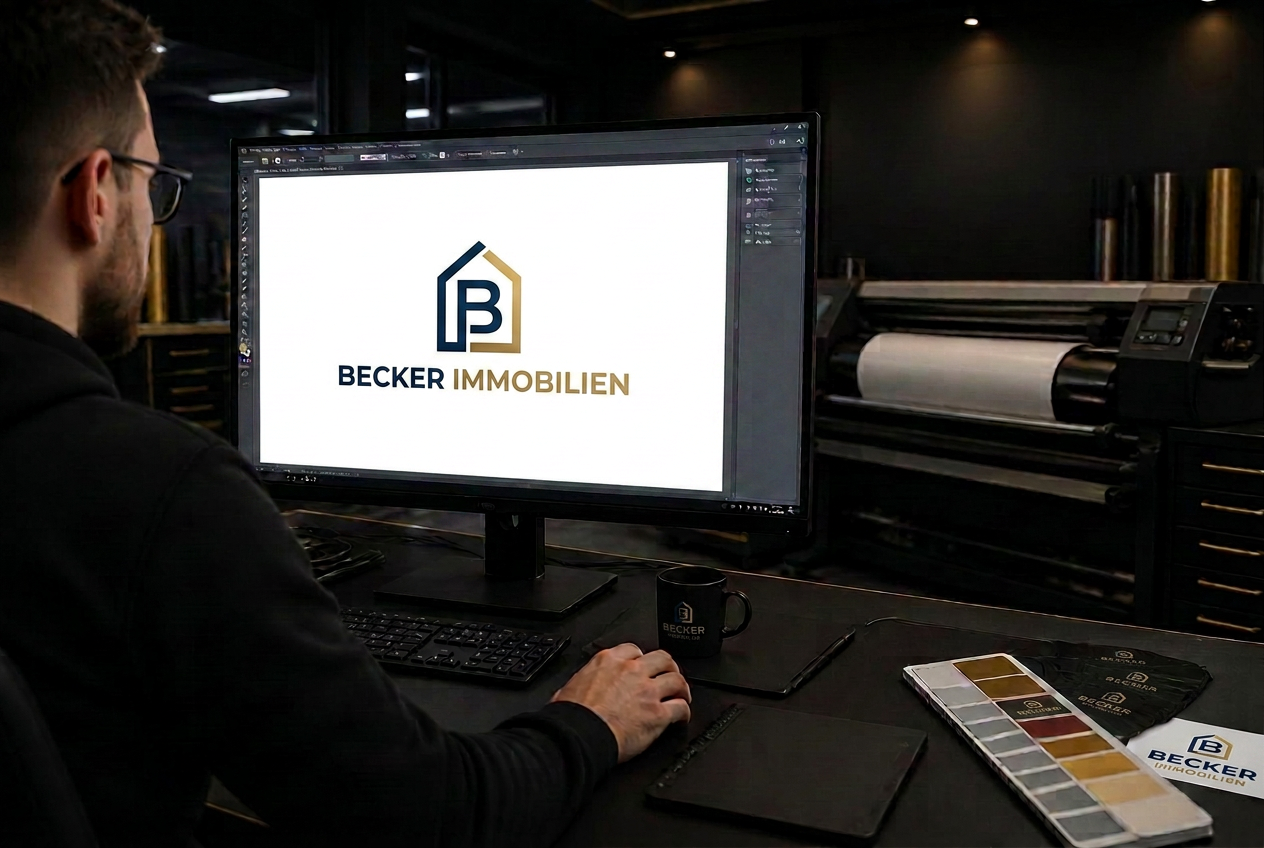 Grafiker am Monitor mit Logo-Entwurf für ein Kundenprojekt