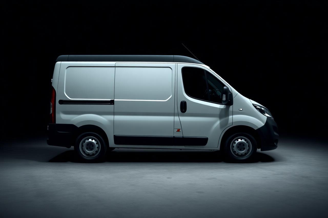 Weißer Transporter ohne Beschriftung vor der Werbetechnik