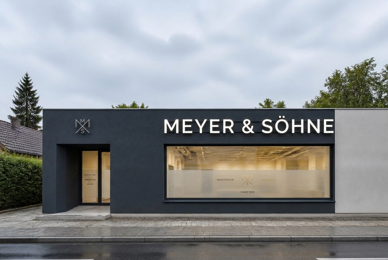 Gewerbefassade nach Folierung mit Leuchtschriftzug und Schaufensterbeschriftung