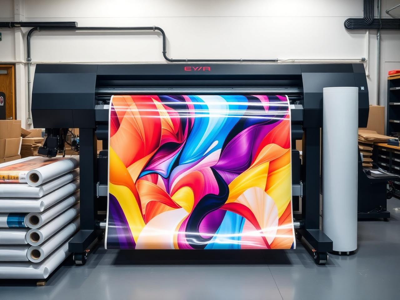 Großformatdrucker produziert bedruckte Fahrzeugfolie in der Produktion in Kaarst
