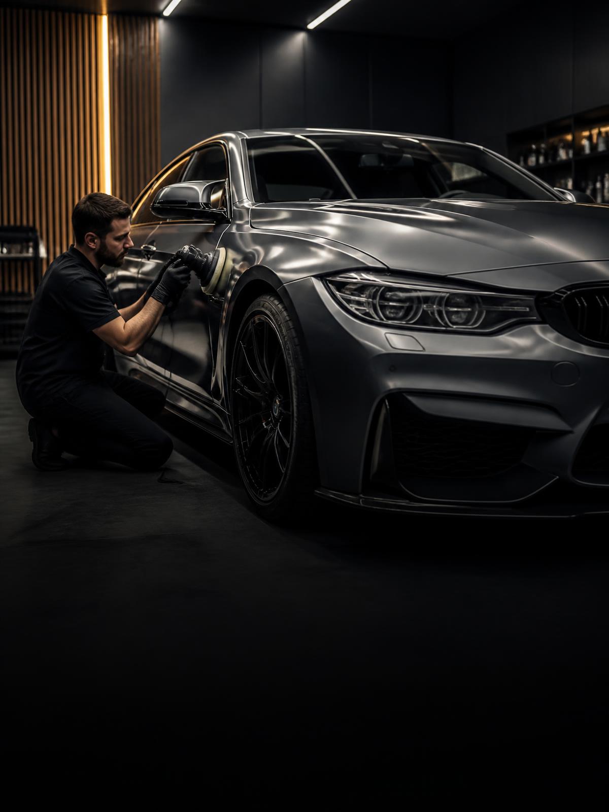 Professionelles Fahrzeug-Detailing mit Poliermaschine an einem hochwertigen Fahrzeug