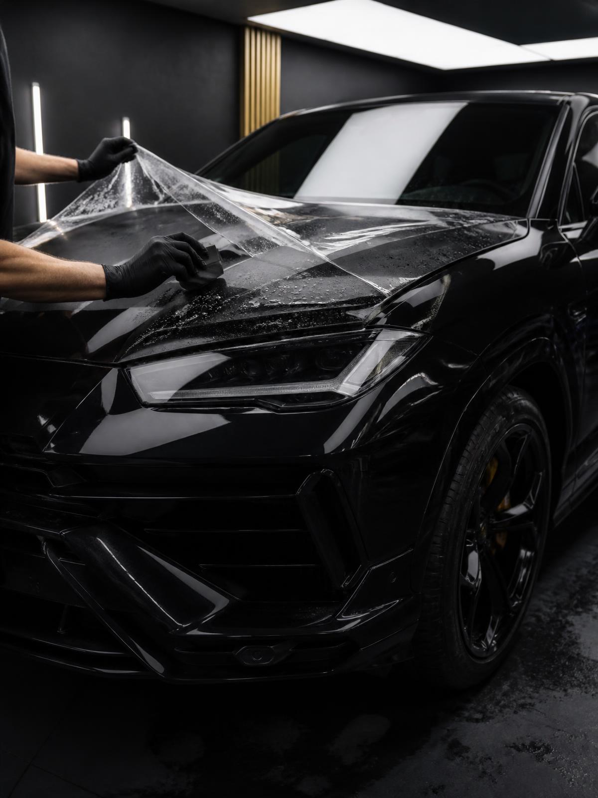 XPEL Lackschutzfolie wird in einer professionellen Werkstatt auf einen schwarzen SUV aufgebracht